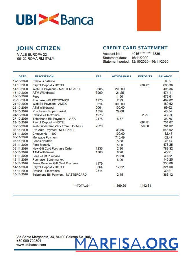 Realistic Italy UBI BANCA bank statement word real example
